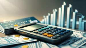 Cartão de crédito com faturas e calculadora mostrando aumento da dívida por juros altos