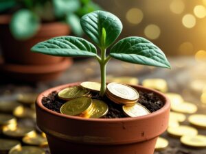 "Pequena planta nascendo de pote de moedas"