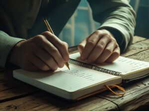 "Pessoa anotando despesas diárias em caderno"