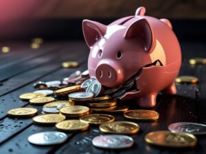 "Cofrinho quebrado com moedas espalhadas"