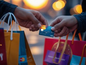 "Pessoa segurando cartão de crédito e sacolas de loja"