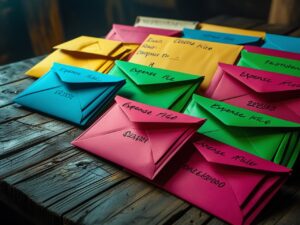 "Envelopes etiquetados para categorias de gastos"