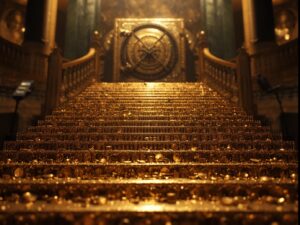 O poder dos juros compostos em 30 anos simbolizado por escada de moedas crescendo.