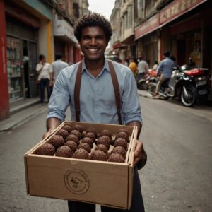 Pessoa vendendo doces caseiros na rua, utilizando o celular para registrar as vendas, simbolizando uma renda extra informal