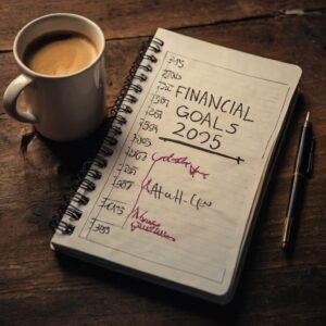 Caderno com “Metas 2025” escrito, ao lado de uma xícara de café e uma calculadora