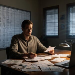 Pessoa analisando recibos e notas, representando a importância de calcular os gastos diários e identificar despesas ocultas no orçamento.
