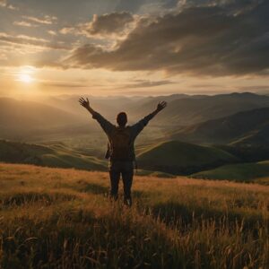 Pessoa com os braços abertos em uma paisagem ensolarada, representando liberdade, alívio e superação financeira após quitar dívidas.
