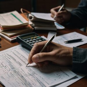 Pessoa revisando extrato bancário com anotações em papel