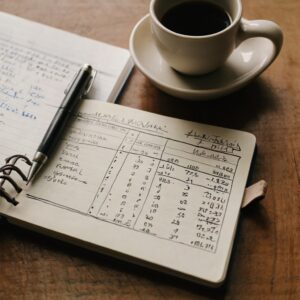 Caderno aberto com anotações de dívidas, prazos e valores ao lado de uma caneta e uma calculadora, representando o planejamento financeiro detalhado