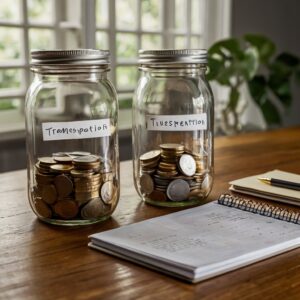 Vários potes transparentes com etiquetas como alimentação, transporte, lazer e investimentos, simbolizando o método de categorização do orçamento.