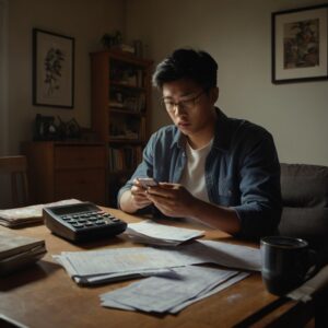 Pessoa ao telefone com uma calculadora e boletos na mesa