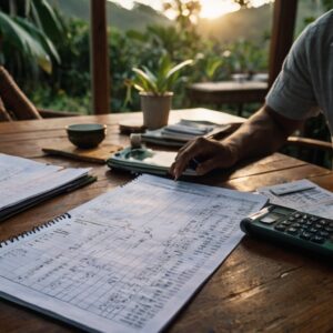 Mão anotando gastos em um caderno com várias notas fiscais sobre a mesa.