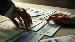 Mãos segurando vários boletos e extratos financeiros para análise detalhada