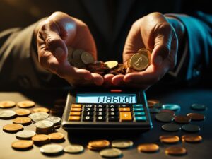 Mãos segurando moedas e calculadora mostrando valor de investimento inicial