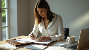 Pessoa anotando no caderno enquanto revisa documentos financeiros para negociação bancária
