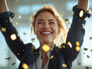 Pessoa feliz comemorando a recuperação do nome no Serasa e o controle financeiro recuperado