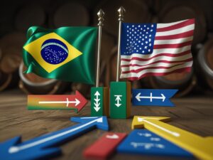 Balança comercial com seta apontando para baixo e gráficos de tarifas