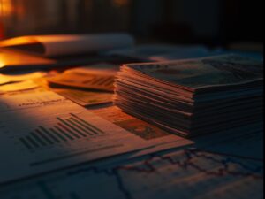 Ilustração mostrando documentos e gráficos financeiros representando FIIs de papel.