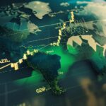 Mapa do mundo com gráficos econômicos sobrepostos destacando Brasil