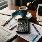 Mesa organizada com caderno de finanças, celular com planilha aberta, calculadora e xícara de café, representando rotina de planejamento financeiro pessoal em ambiente produtivo.