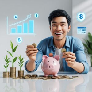 Pessoa sorrindo enquanto segura algumas moedas e um cofrinho, com ícones de crescimento financeiro ao redor, representando a ideia de investir com pouco dinheiro.
