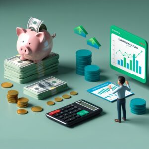Pessoa organizando suas finanças com cofrinho, calculadora e moedas, simbolizando a criação de uma reserva de emergência financeira.

