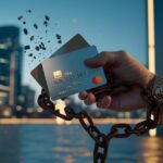"Pessoa quebrando correntes do cartão de crédito, simbolizando controle financeiro e liberdade de dívidas."