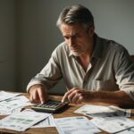 Pessoa preocupada analisando contas e boletos com salário insuficiente